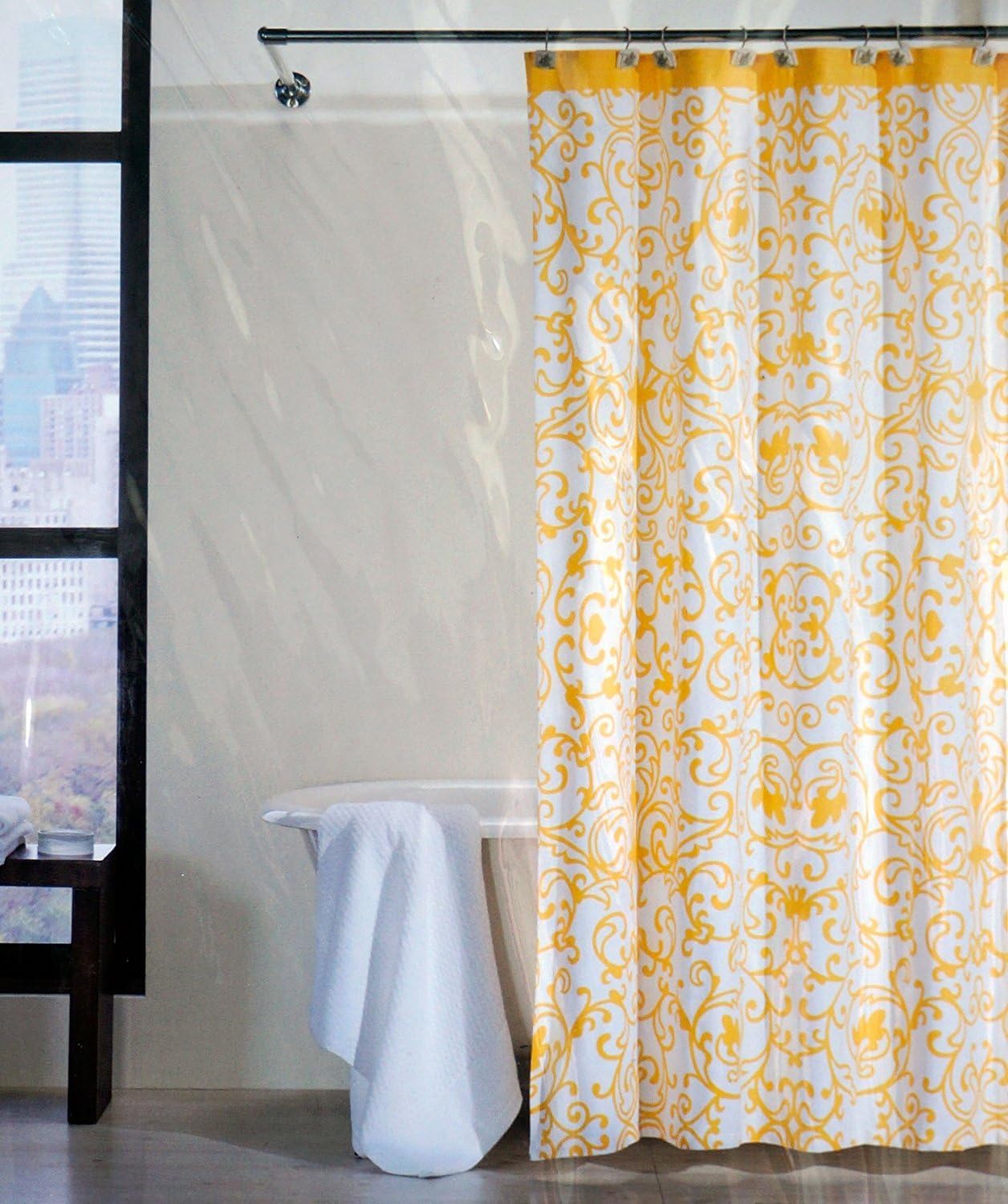 Shower Curtain Floral Scroll Yellow on White 