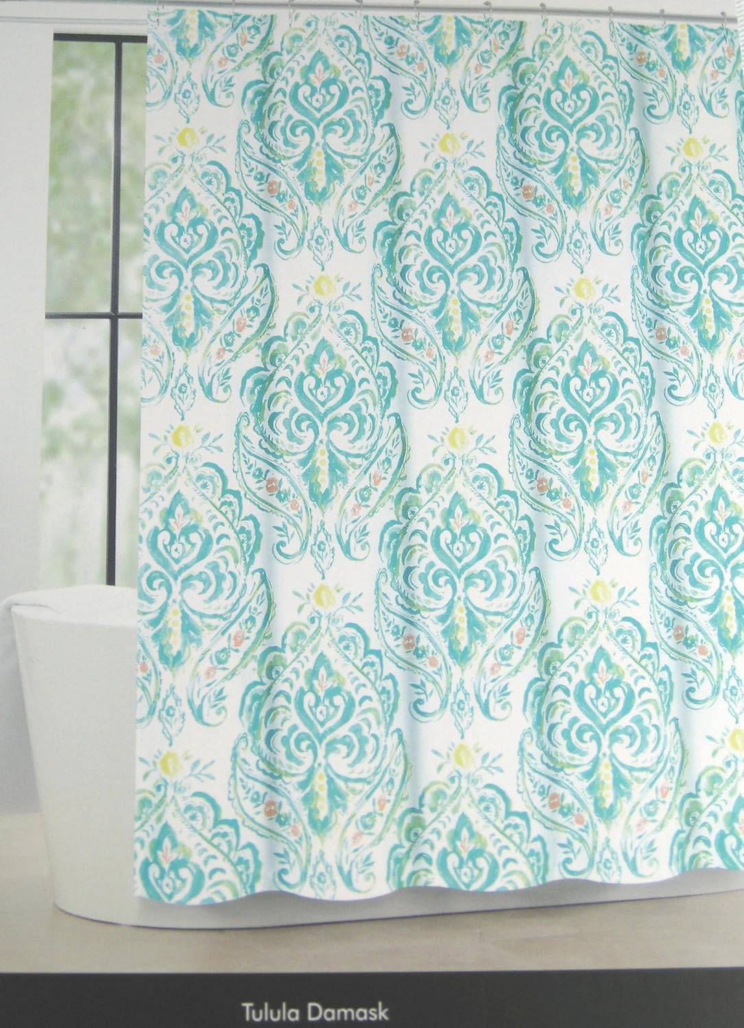 Fabric Shower Curtain Tulula Floral Damask Whtie/Aqua