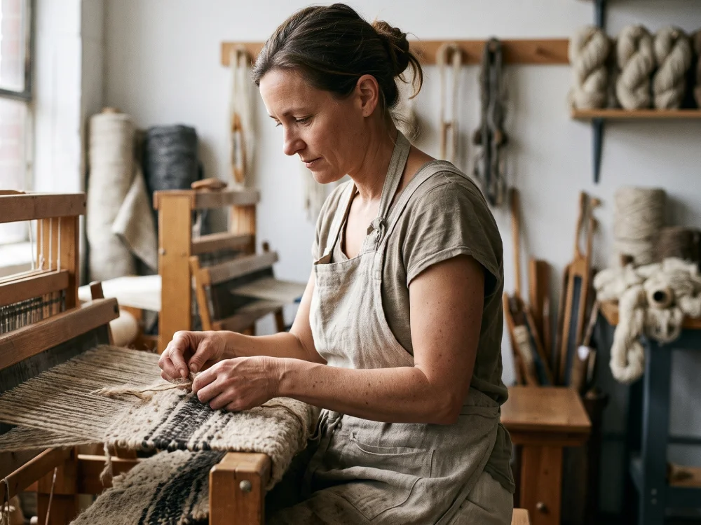Woman weaving at wooden loom